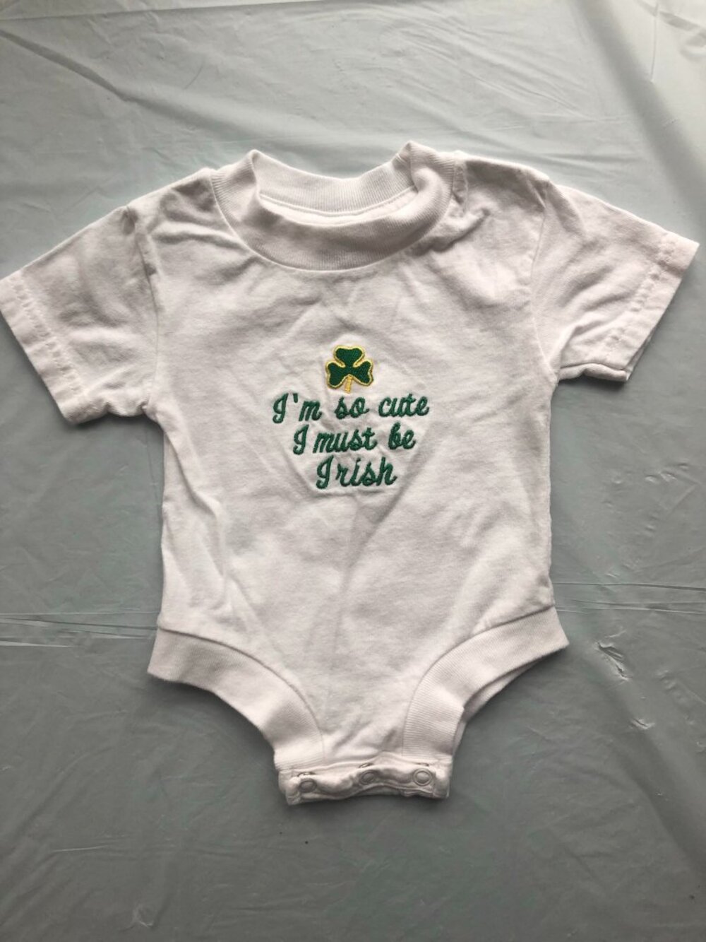 6-Months Kiddie Kats Irish Onesie; White w/I'm so cute I must be Irish on front